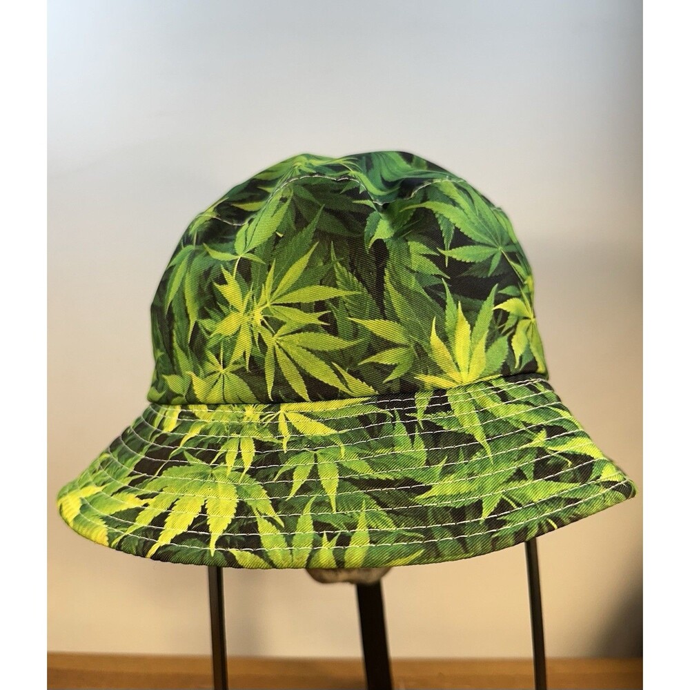 Reversible Cannabis Leaf Bucket Hat Green Weed Print Black Side Unisex Festival